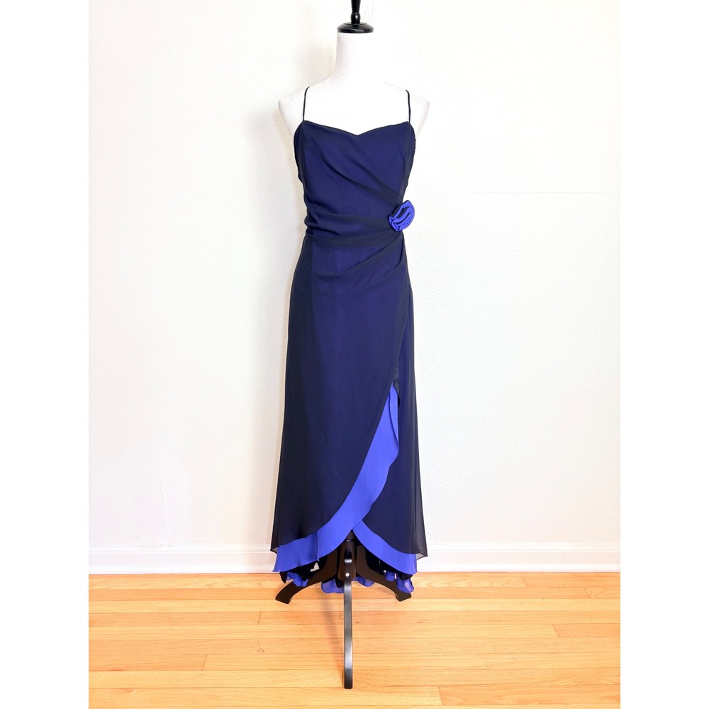 Y2K Vintage Black & Blue Silk Blend Chiffon Wrap Ruched Maxi Dress Size XL Chic
